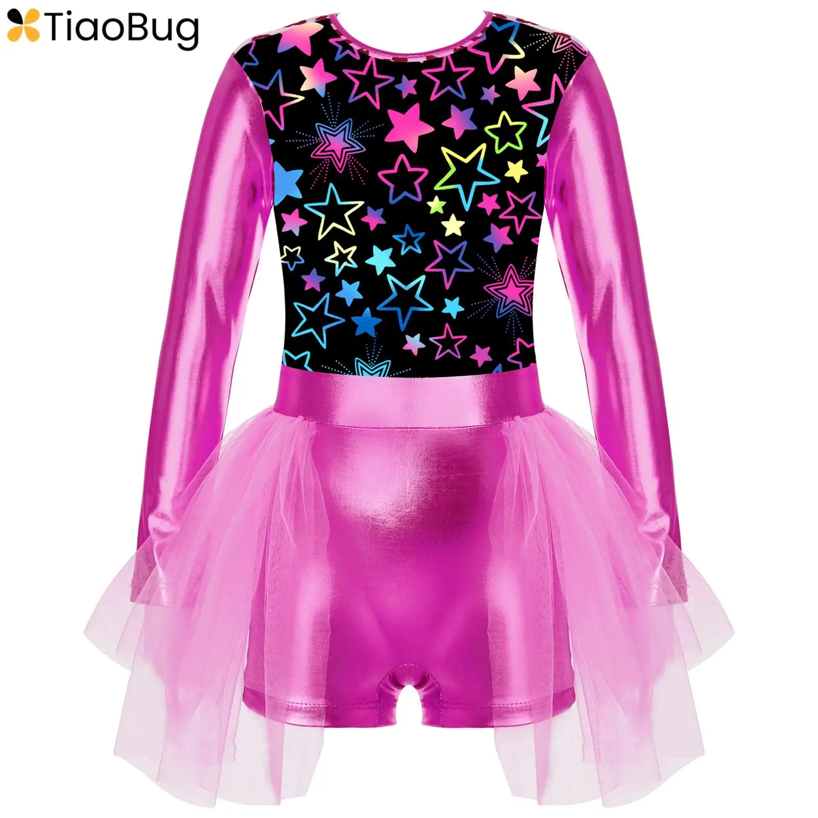 

Kids Girls Printed Metallic Long Sleeve Ballet Dance Dress Mesh Tutu Skirt Leotard Gymnastic Ballerina Costume Dancewear