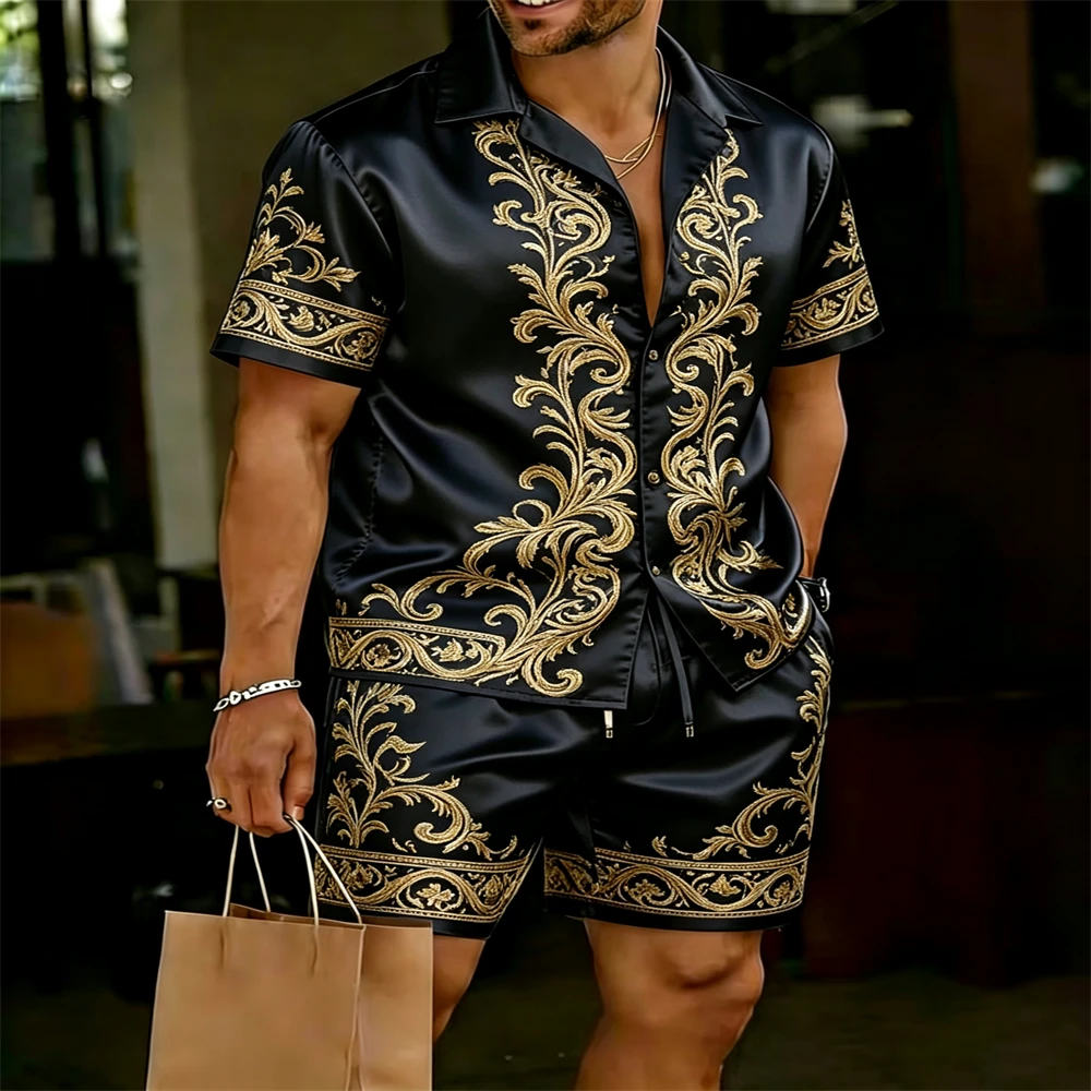 Men Luxury Satin 2‑Piece Set  Baroque Print Short Sleeve Shirt Drawstring Shorts Summer Beach Party Outfit
