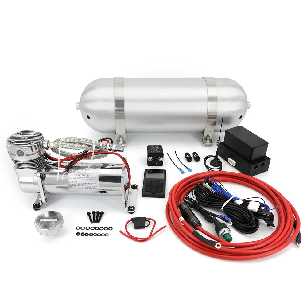 Car Air Management Kit Air Ride Suspension System Electronic Controller System With Air Tank Silver Compressor Pump