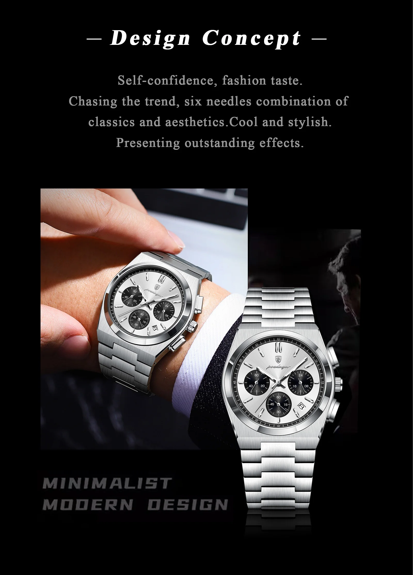 POEDAGAR Top Business Herrenuhr Chronograph Datum Edelstahl Klassische Männeruhr Wasserdicht Leuchtend Quarzuhren für Herren – Detail 3