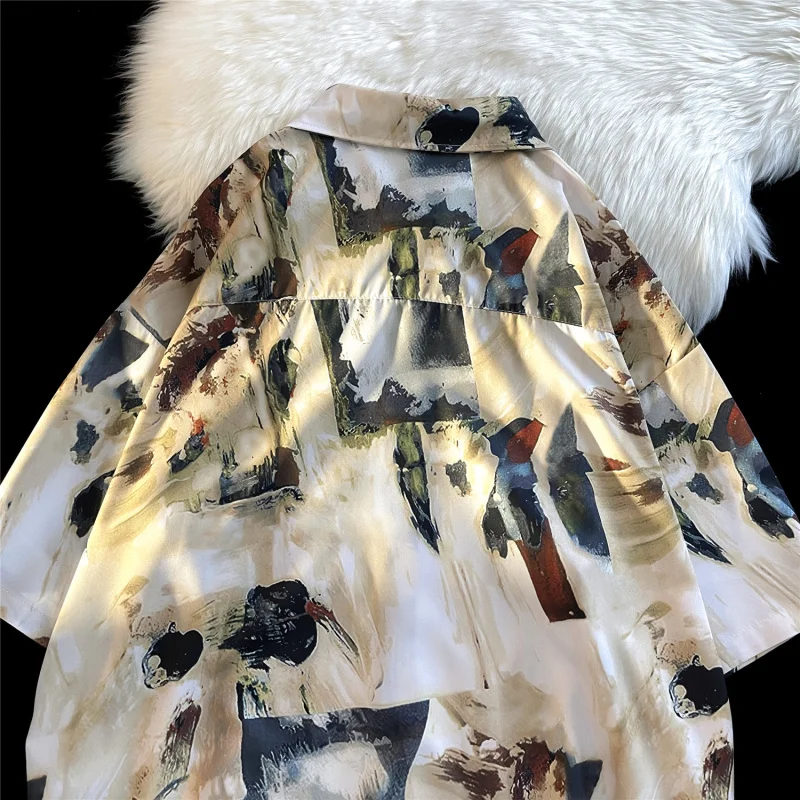 2024 Abstract oil painting full print short sleeved floral shirt loose vintage men and women\'s summer thin style trend camisa