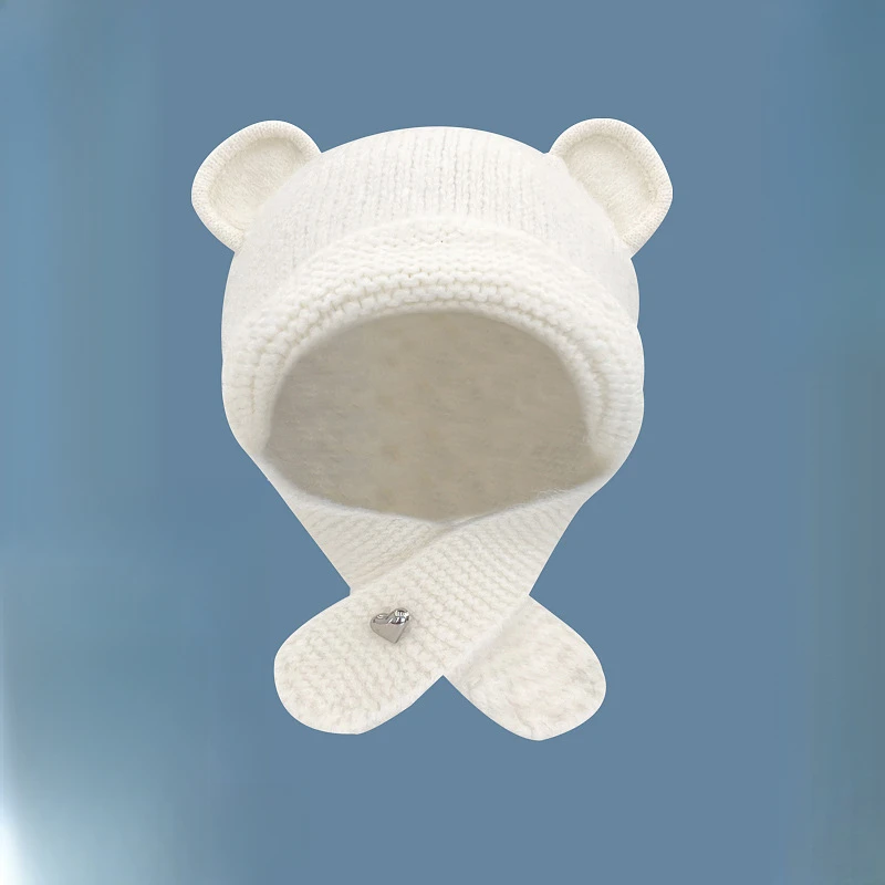 2024 New Japanese Cute Bear Ear Woolen Bomber Hat Woman Girls Autumn and Winter Warm Neck and Ear Knitted Pullover Cap