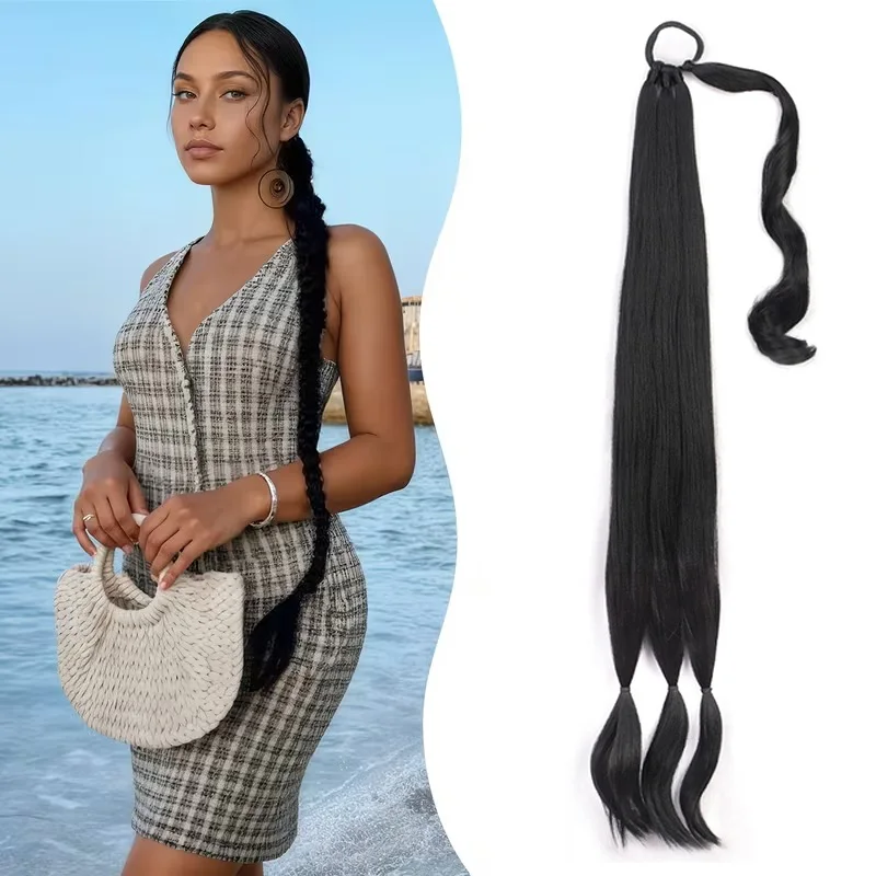 30Inch Synthetic Long Straight Wrap Around Ponytail Hair Extension Elastic Rubber Band High-Temperature Fiber Hair for Women