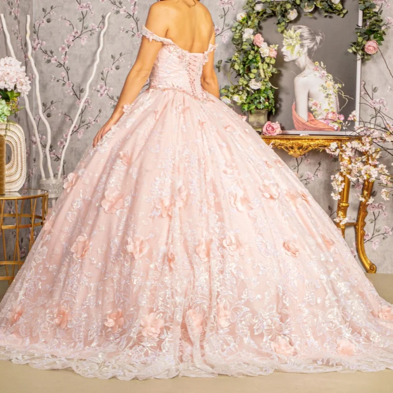 Pink Shiny Princess Quinceanera Dresses Off The Shoulder Sequin Appliqued Bow Flower Beads Tull Sweet 16 Dress Ball Gown Vestido