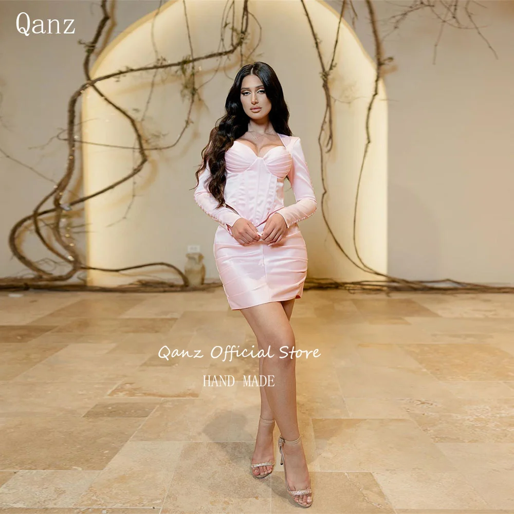 

Qanz 2-piece Set Prom Dresses Baby Pink Satin Dress Elegant Woman Wedding Party Mini Sweetheart Cocktail Dresses Customized
