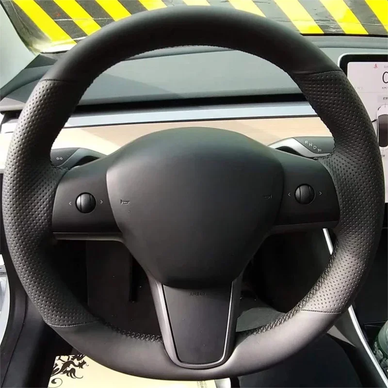 For Tesla Model 3 2017-2021 Car Accessories DIY Hand Stitched Black Wear-Resisting Genuine Leather Car Steering Wheel Cover