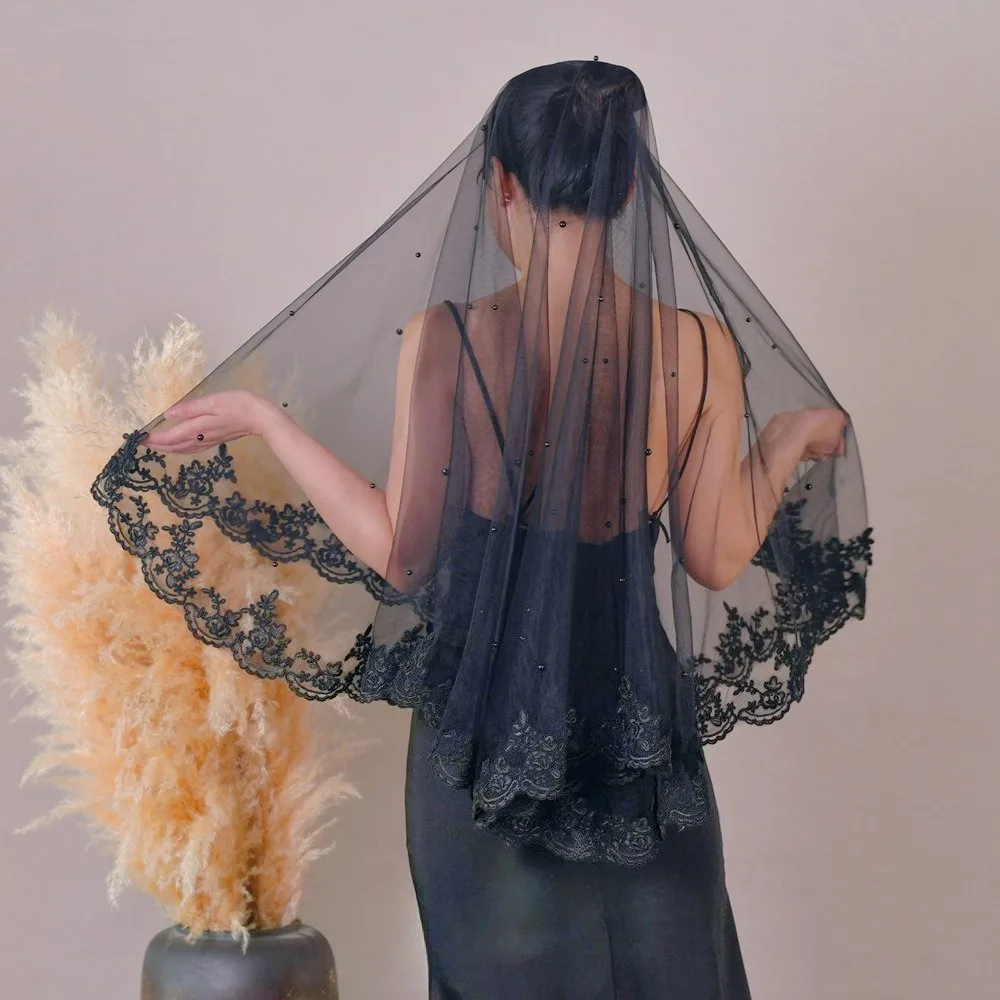 Luxury Beaded Lace Bridal Veil Blusher Veil No Comb Design Wedding Veil for Wedding Accessories Women's Wedding Dresses