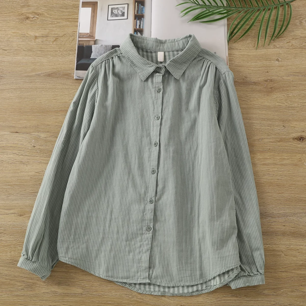 100% katoenen garen dames gestreepte shirts Japan stijl casual roze groen blauw streep blouses met lange mouwen kantoor dames tops