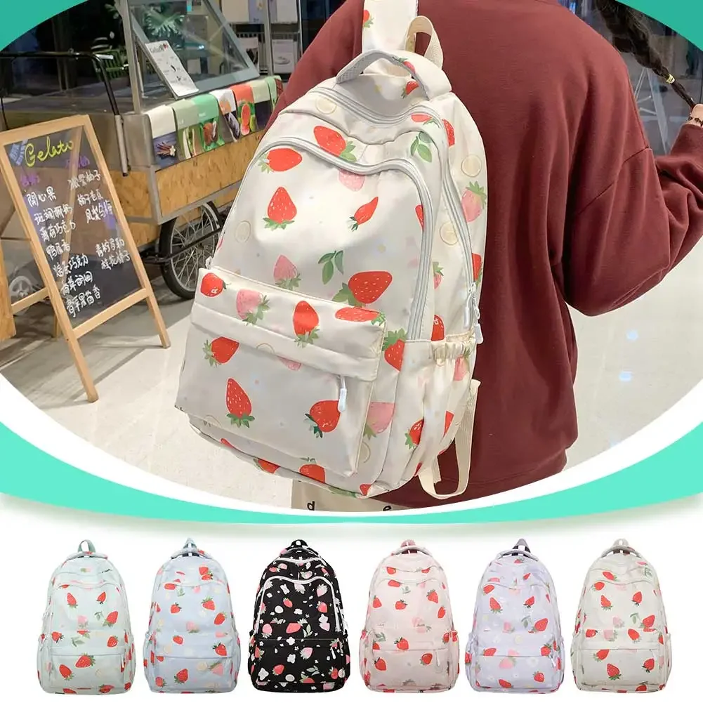 

Women Strawberry Pattern Backpack Adjustable Strap Strawberry School Backpack Large Capacity Students Daily Backpack