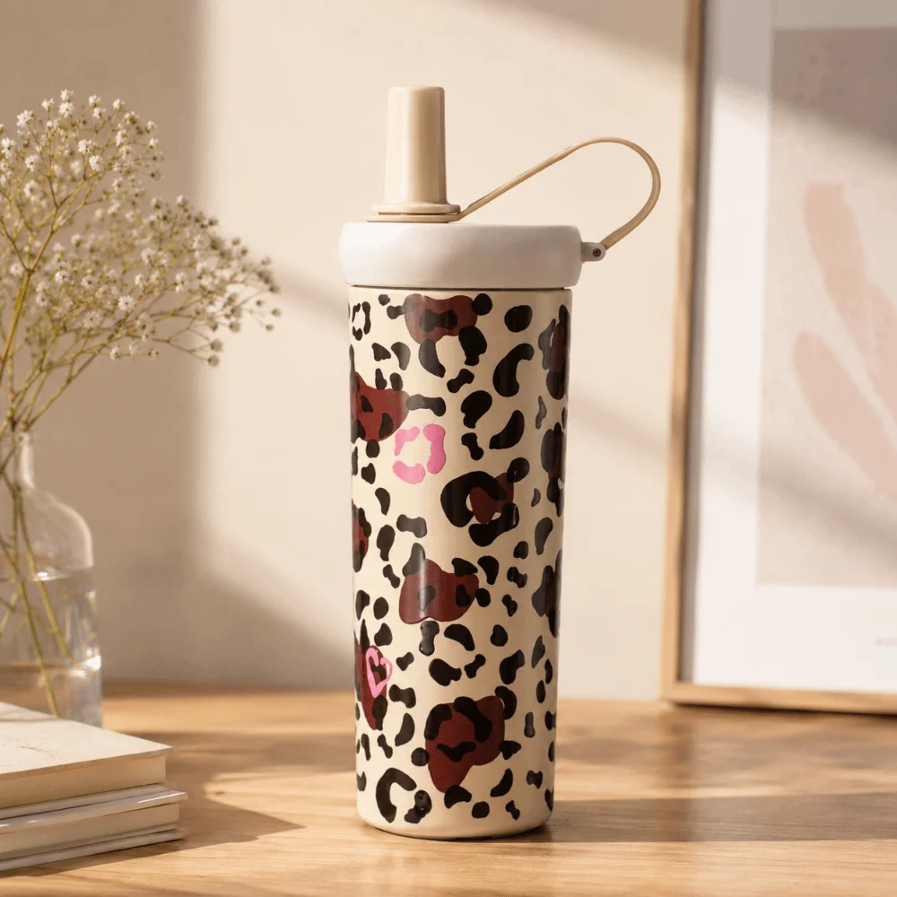 Leopard Pattern Straw Thermos Cup 750ML Stainless Steel Thermal Water Bottle Leak-Proof Durable Drinking Straw Cup Running
