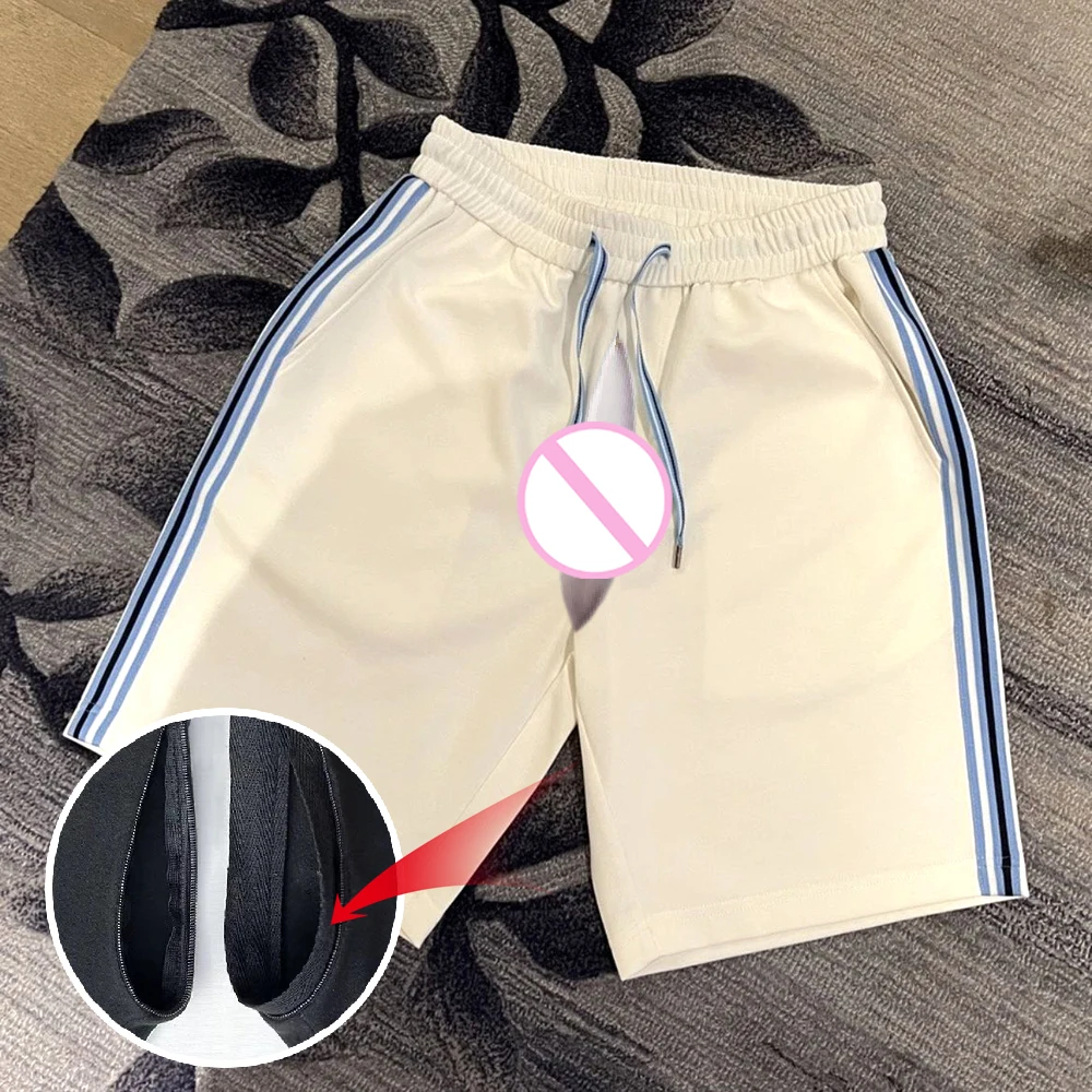 Invisible Open Crotch Outdoor Sex Summer Simplicity Casual Shorts Men\'s Fitness Sports Pants Contrast Color Erotic Trousers