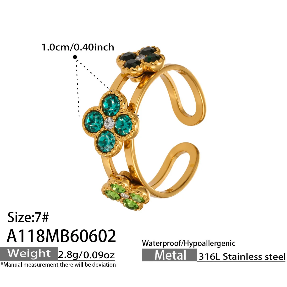 316L Edelstahlring 18K Vergoldet Farbige Blume Zirkon Glücksbringer Vierblättriges Kleeblatt Offener Ring Trendiger Modeschmuck für Damen – Detail 11