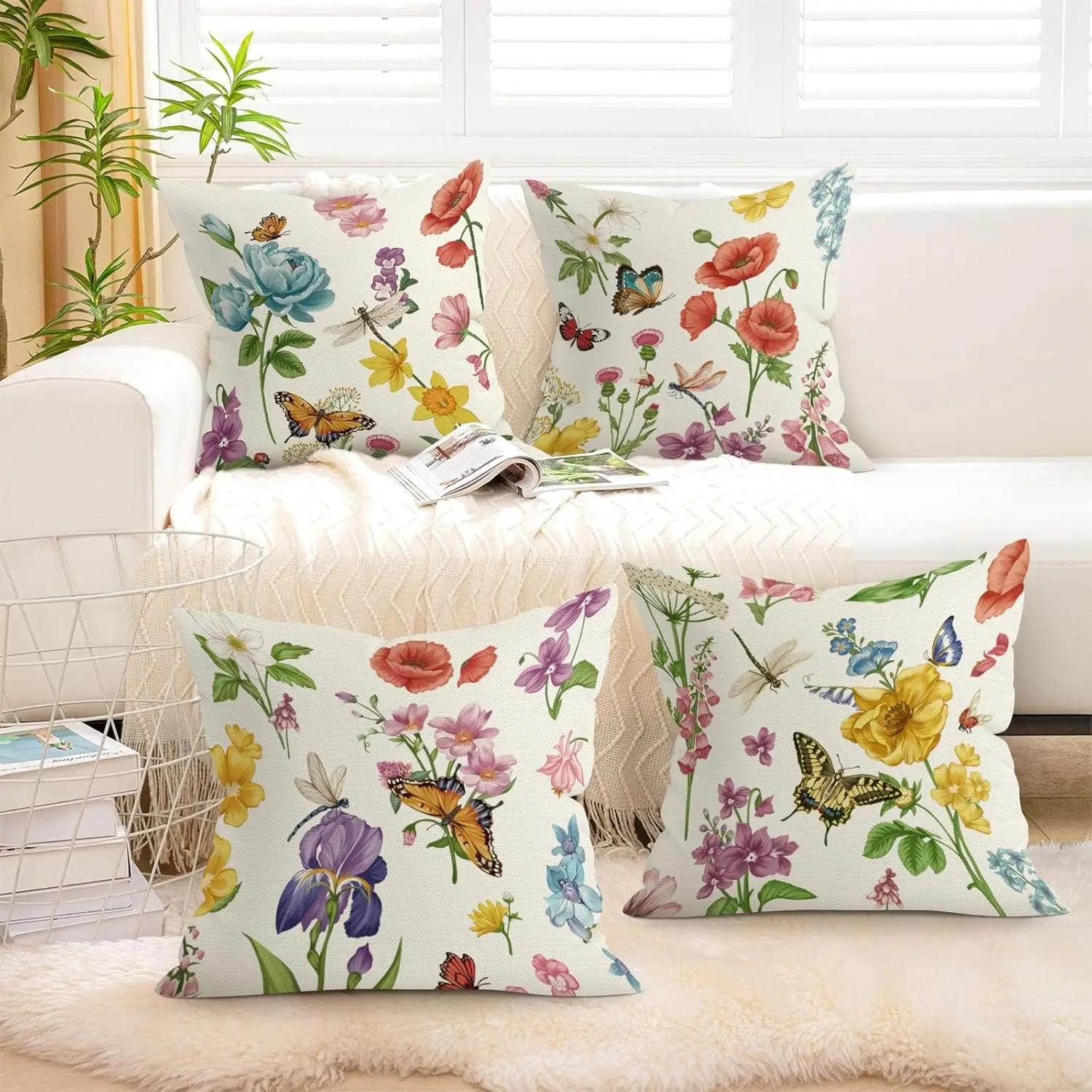 4Pcs Vintage Botanical Pillow Covers Watercolor Floral Butterfly Cushion Cases for Farmhouse Living Room Sofa Bedroom Decoration