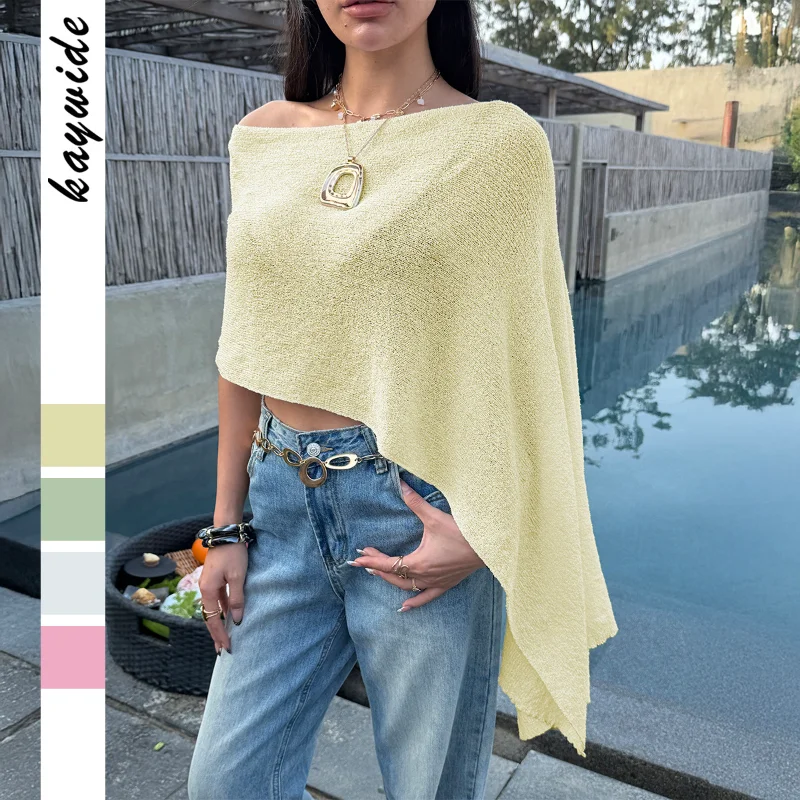 Women's Oversized Boat Neck Knit Top Summer Beach Cover Up Casual Blouse