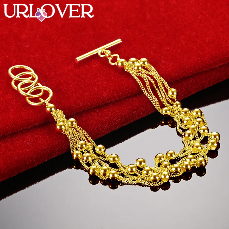 URLOVER 18K Gold Bracelet Multi Chain Multi Smooth Beads Bracelet For Woman Fashion Party Wedding Engagement Charm Jewelry Gift