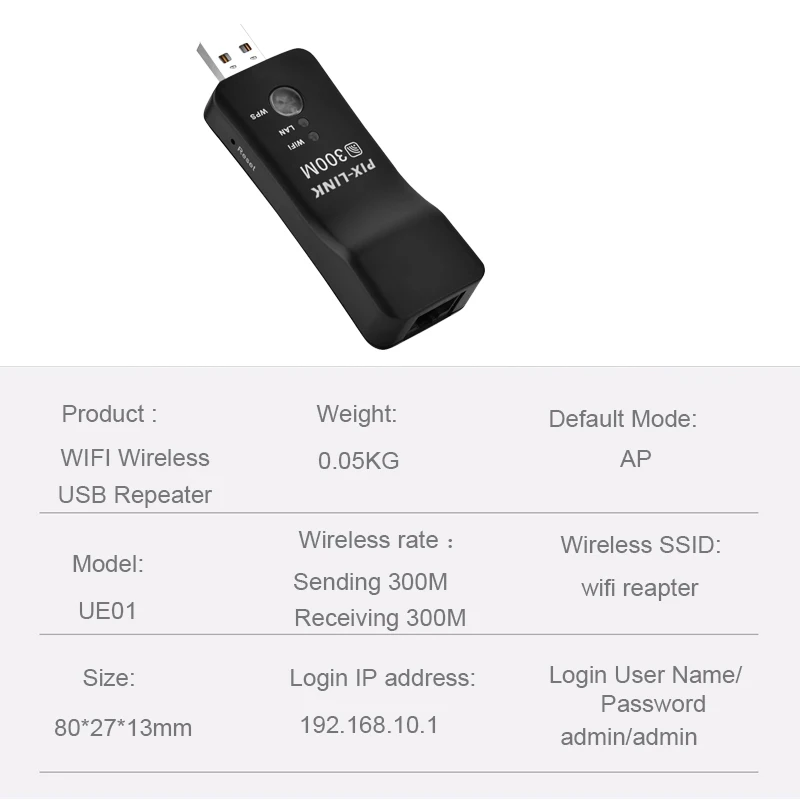 Wireless USB Universal WiFi Adapter, Ethernet Network Bridge Repeater, WiFi Signal Amplifier para Smart TV, RJ-45 Port, 300Mbps