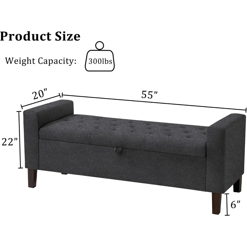 Padded storage bench, 55-inch push-button tufted entrance bench with solid wood legs, linen storage bench