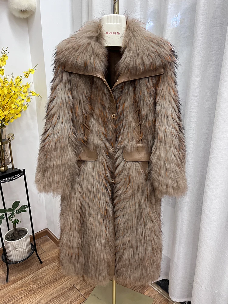 

Winter New Women's Natural Raccoon Fur Jacket Fox Fur Coat Fur Strip Sewed Toghter Long Style Warm Thick Jacket Warm Thick