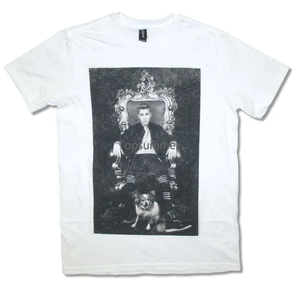 

Justin Bieber Throne Dog Image Adult White T Shirt New New Metal Short Sleeve Casual Shirt T-Shirt Men Short Sleeve