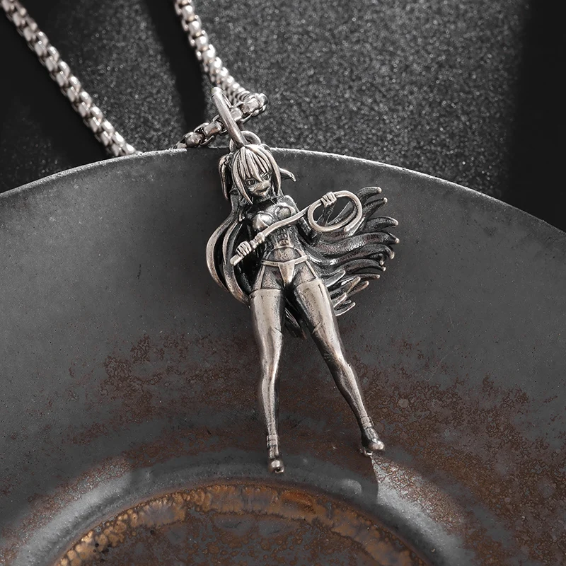 Playful and Cute Long-Haired Girl Holding Whip Rope Pendant Necklace Suitable for Anime Lovers Cosplay Punk Jewelry Gift