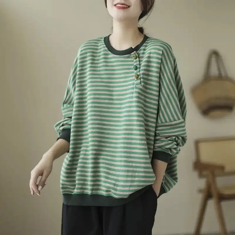 Felpa da donna con collo rotondo a righe color block elegante primavera autunno con bottoni a nodo cinese stile ampio e pigro