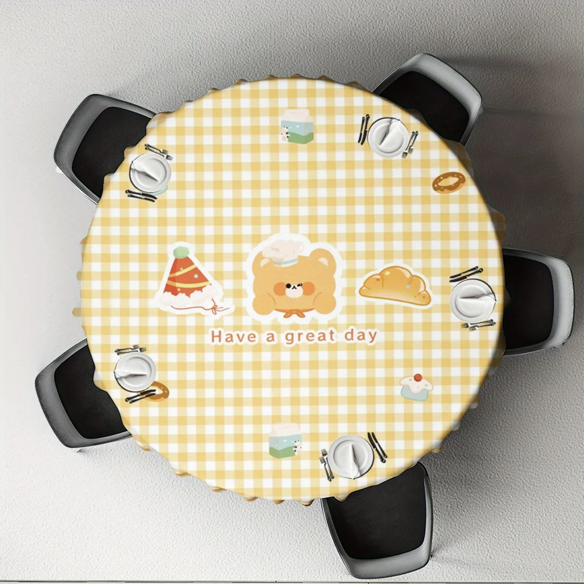 One cute cartoon teddy bear and dessert pattern tablecloth, 62 inches, 100% polyester, yzb