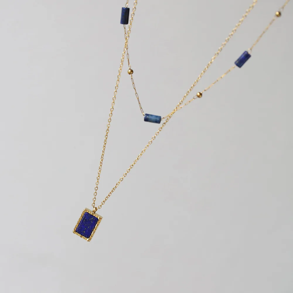 Exquisite Stainless Steel Natural Lapis Lazuli Geometric Pendant Necklace for Women Waterproof Metal Statement Fashion Jewelry
