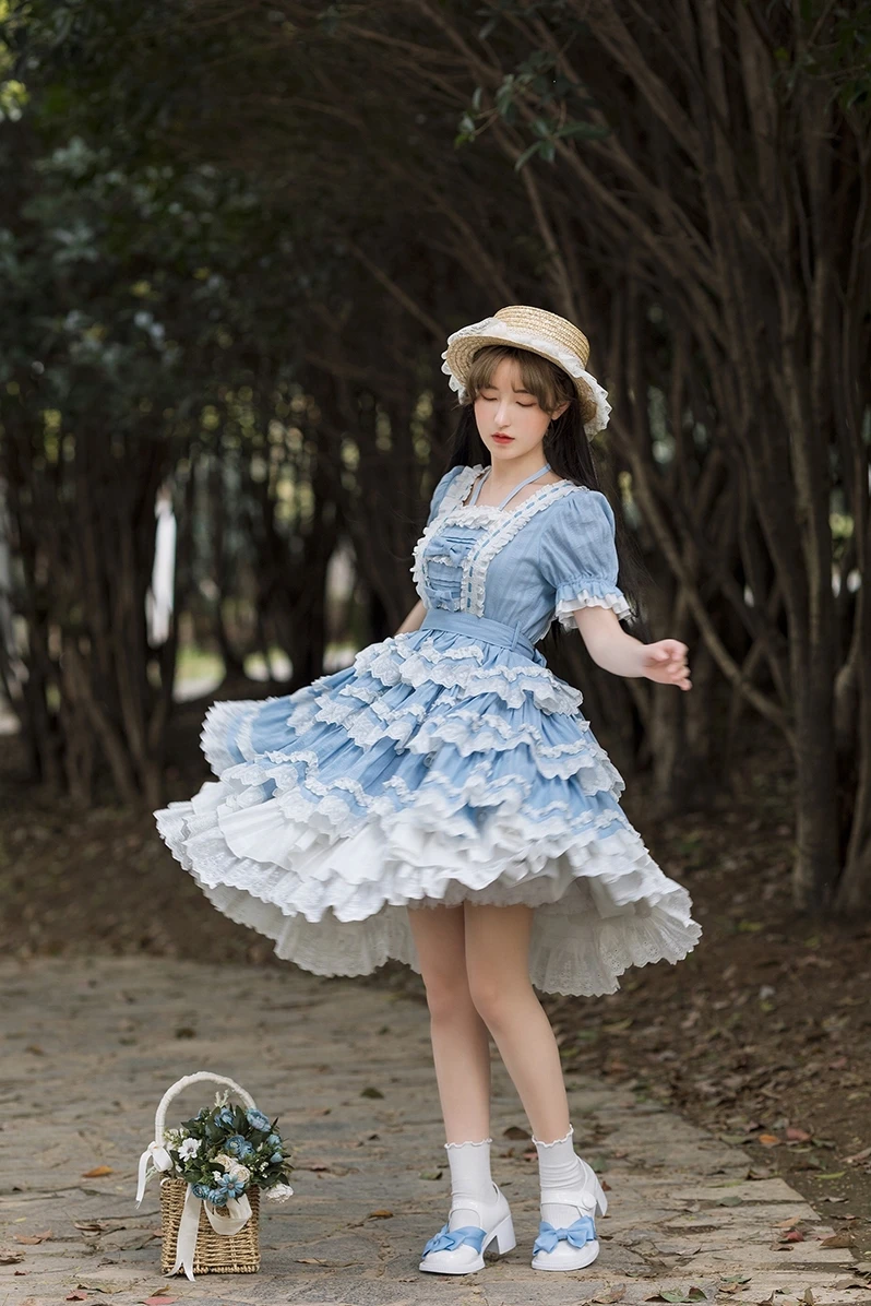 Robe japonaise Sweet Lolita pour filles, dentelle vintage, nœud papillon, bretelles croisées, taille haute, robe victorienne dégradée, Kawaii, Op Loli Cosp