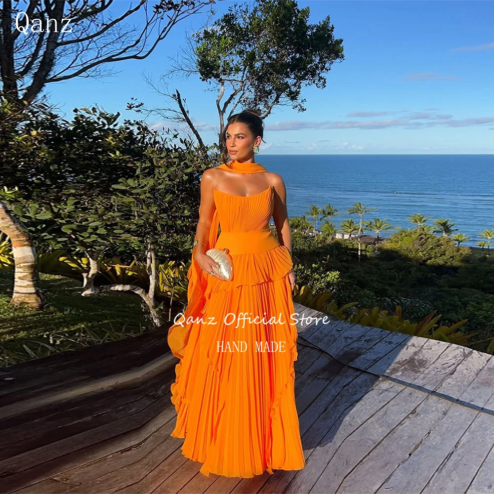 

Qanz Пляжные длинные вечерние платья трапециевидной формы Оранжевые шифоновые клетчатые вечерние платья без бретелек Женские халаты De Soirée по индивидуальному заказу