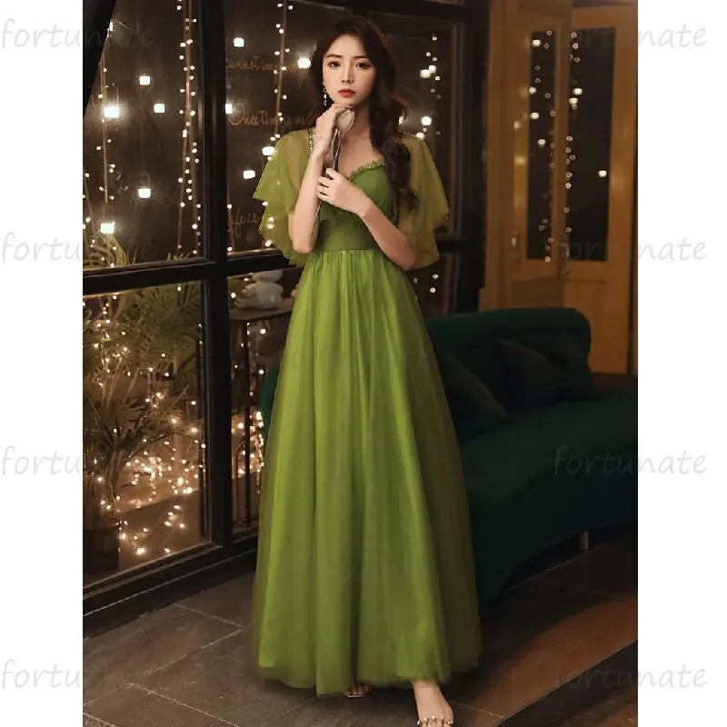 Sweetheart Graduation Holidays Dresses Green Tulle A-Line Homecoming Half Sleeve Spaghetti Straps Ankle Length Party Prom Gown