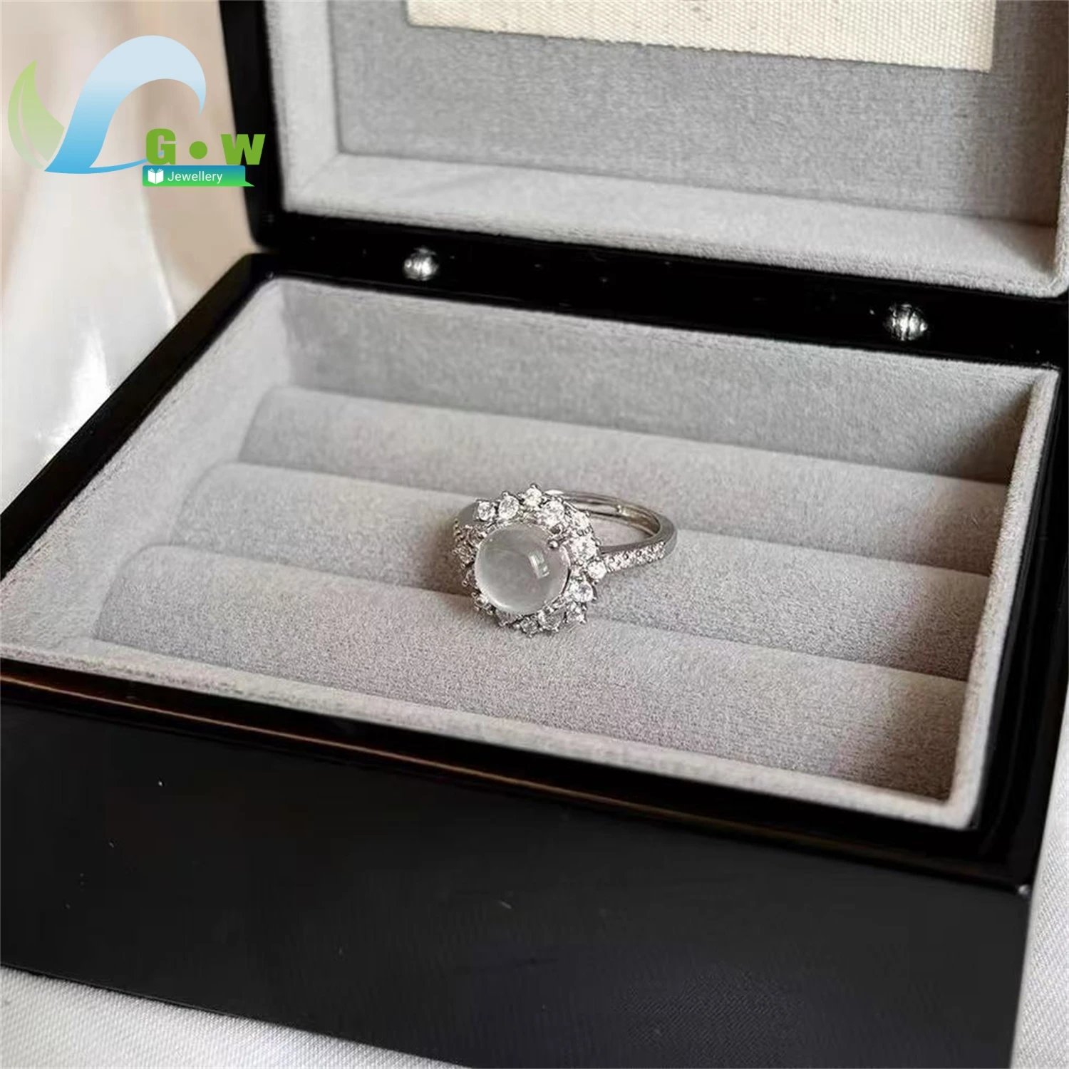 Natural Ice Type Gemstone Cabochon Ring Women New Chinese Style Open Adjustable Band Index Finger High End Jewelry Elegant