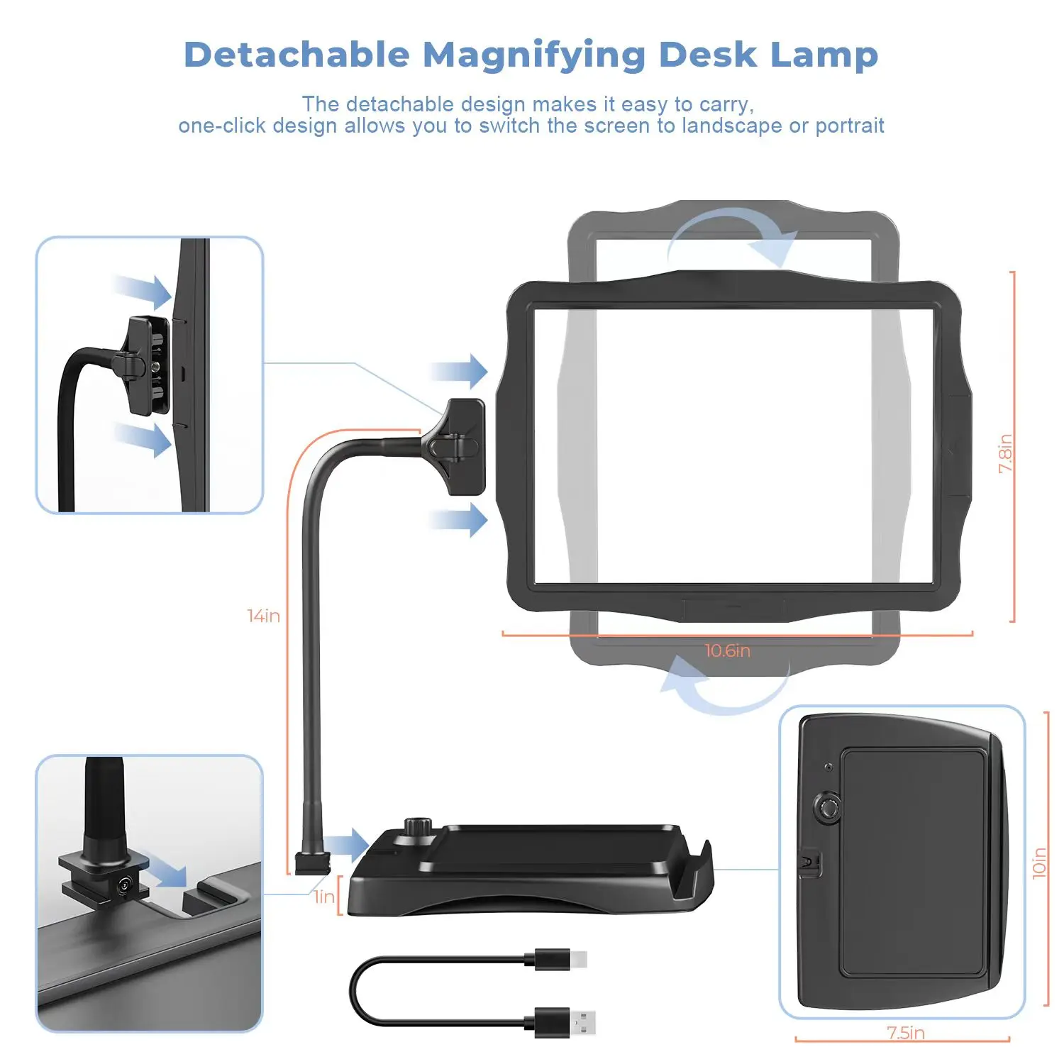 5X Large LED Full Page Desktop Magnifier with Adjustable & Detachable Stand, Ideal for Reading Fine Print, Crafting, Low Vision