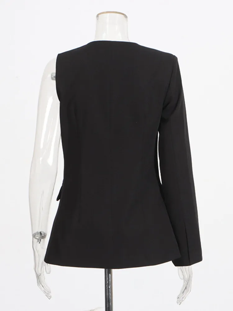 Elegante feminino preto de duas peças calça terno conjunto moderno blazer manga única e calças assimétricas perna larga chique zm784