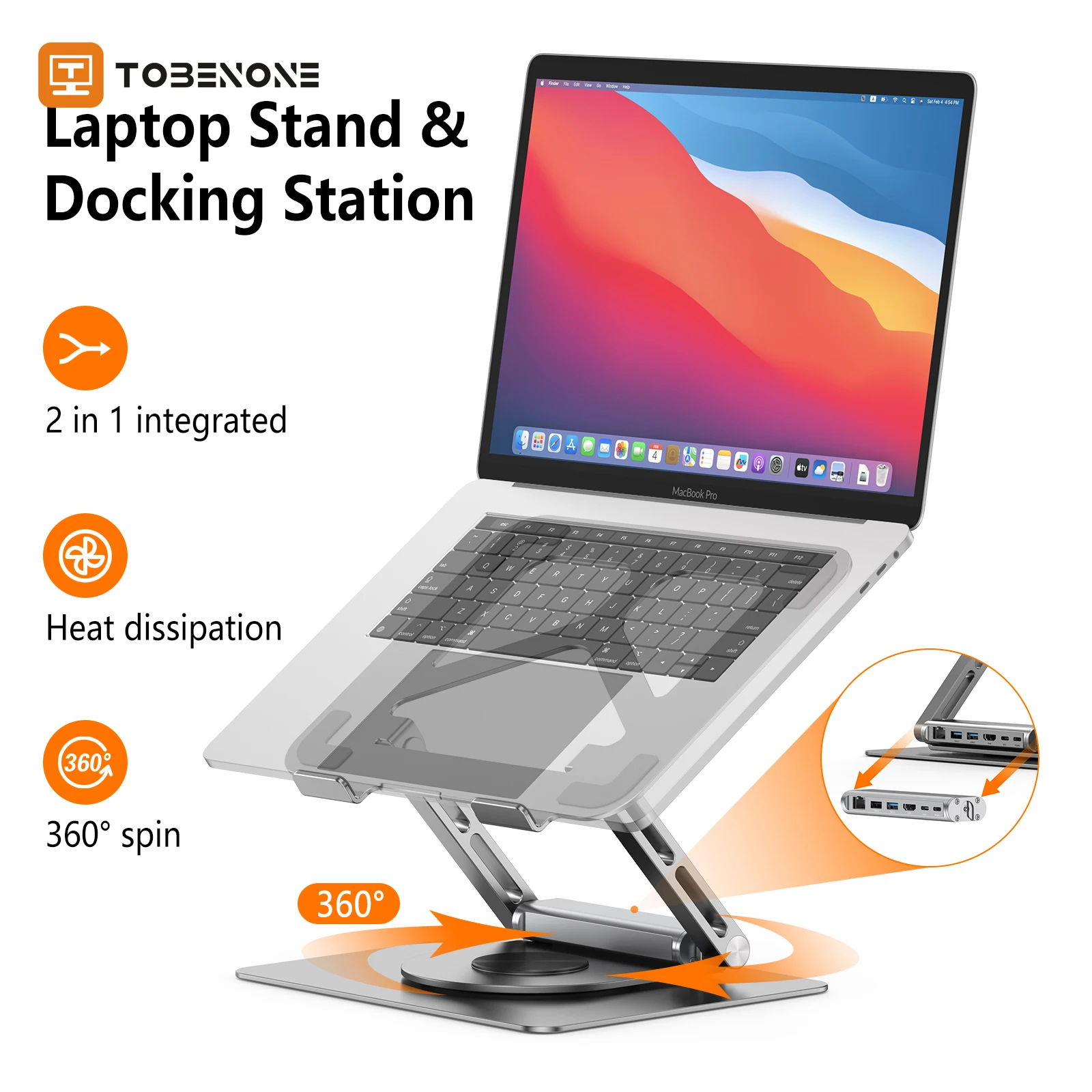 TobenONE USB C Laptop Docking Station Stand with 360 Rotating Base Detachable USB C Hub, 4K HDMI, 2 USB 3.0, RJ45, PD 3.0