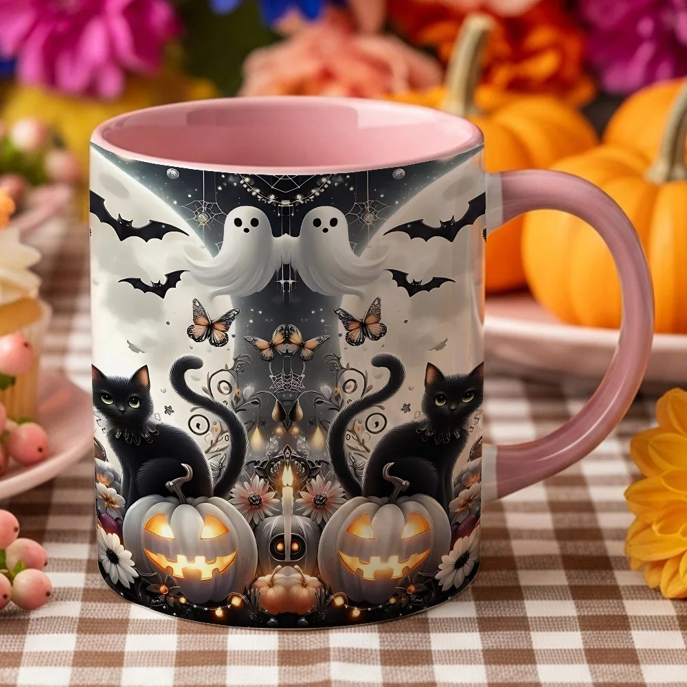 1pc, Halloween Party Decoration Gift for Adult Home Office Use Coffee Mug, Vintage Watercolor Black Cat Witch Hat Jack O Lantern Pattern Coffee Cup, Suitable for Halloween Holiday