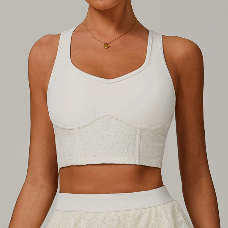 

Retro Lace Sports Bra for Women Naked Feeling Mesh Breathable Yoga Vest Running Fitness Short Tops Shockproof Workout Underwear