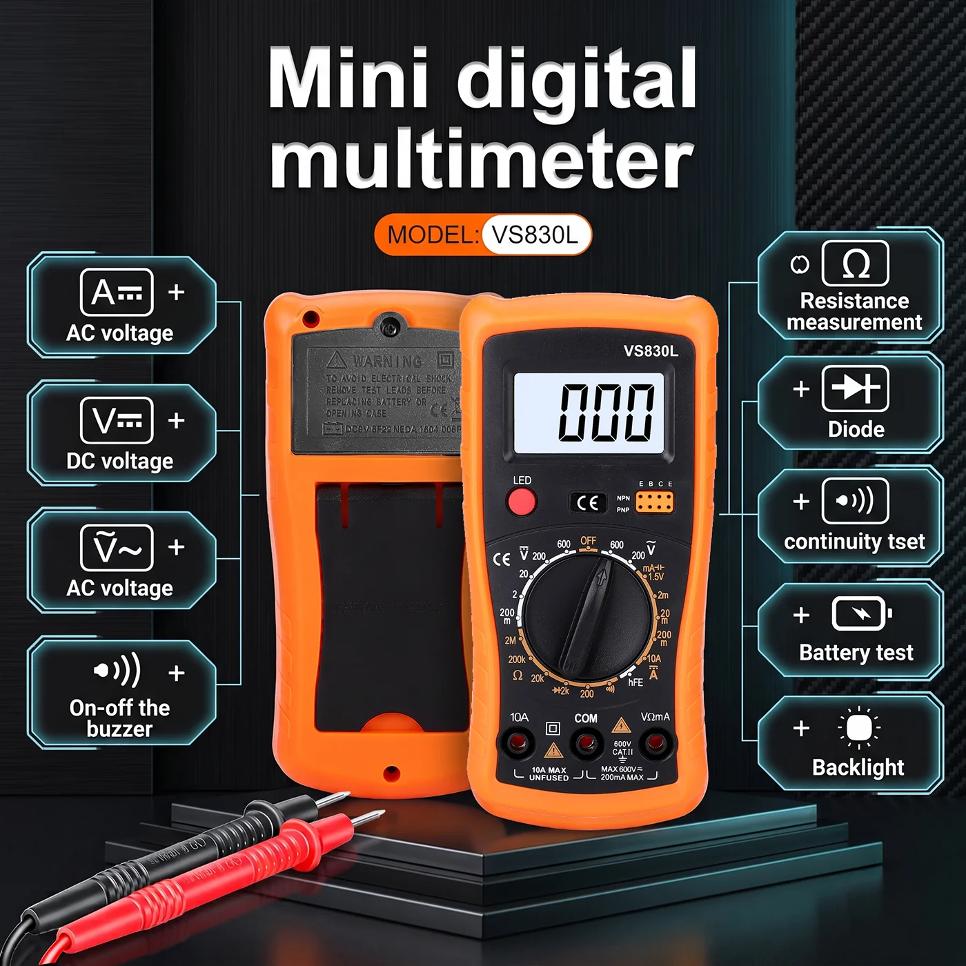 VS830L Digital Multimeter AC/DC Voltage Current Tester 1999 Counts Resistance Diode Continuity Battery Test Backlit LCD