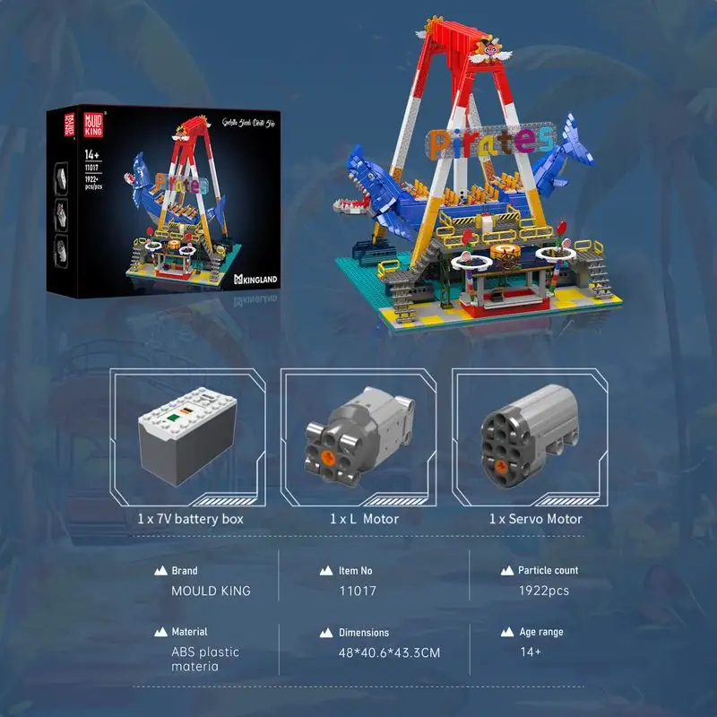 Mold King 11017 Pretpark Speelgoed De Gemotoriseerde Haai Piratenschip 1922 Stuks Bouwsteen Montage Schip Baksteen Set Kids gift