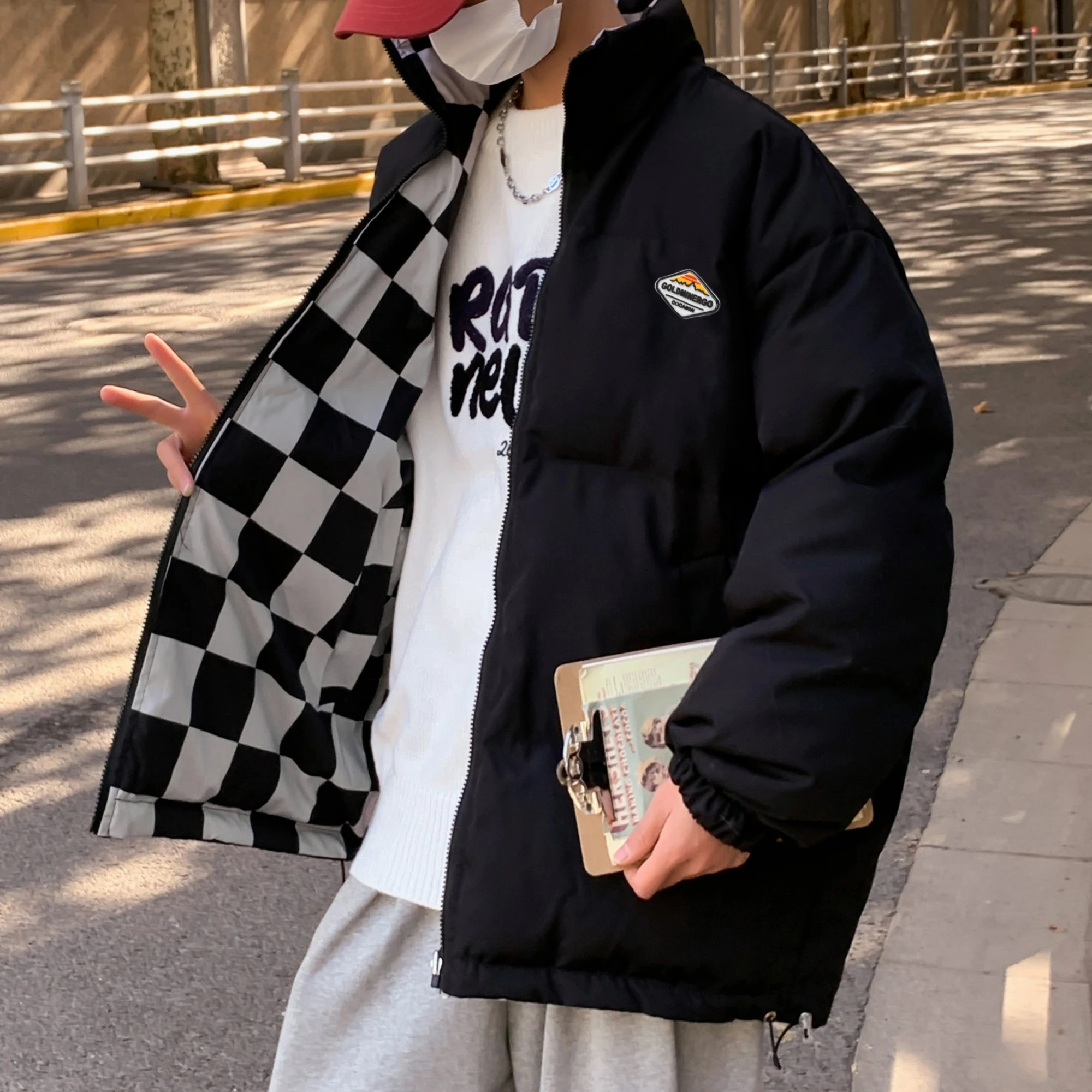 

Double-Sided Wear Thiened down Cotton Jaet Men's Winter Oversize Plaid Couple Bread Sle Cotton Coat Faionable Urban C...