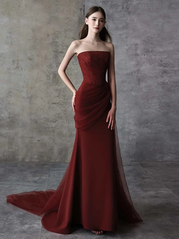 

Винно-красное свадебное платье с дизайном «рыбий хвост» без бретелек для свадебного приема, церемонии вручения свадебных платьев, празднования дня рождения
