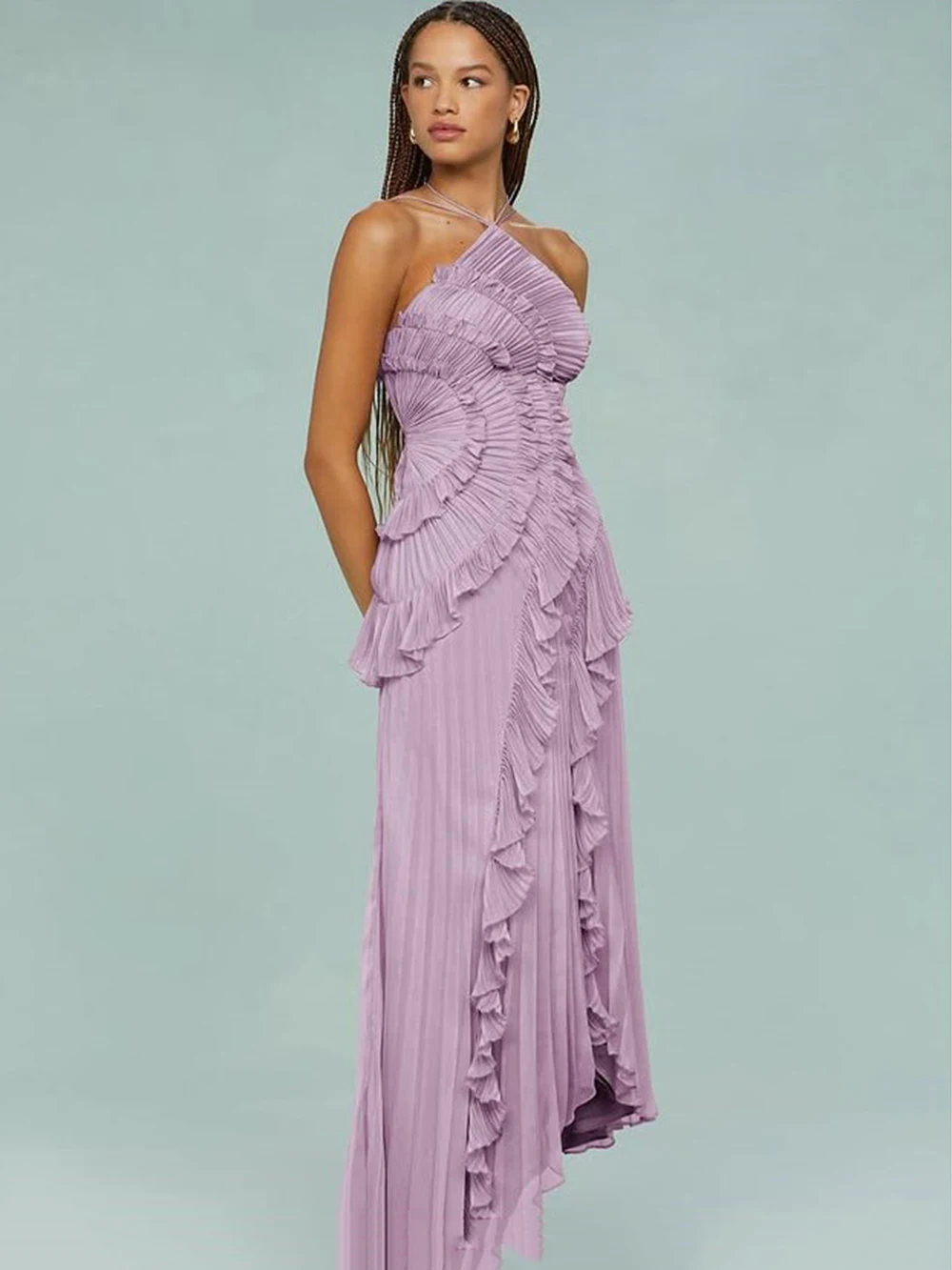 Modphy Women'S Irregular Pleated Slim Chiffon Long Dress Sexy Backless Ruffle Fashion Party Prom Elegant Evening Gown 2025 New