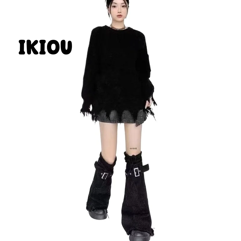 

IKIOU Fashionable Y2K Punk Black Denim Leg Warmers with Drawstring and Cross Details for a Trendy, Slimming Ins Style