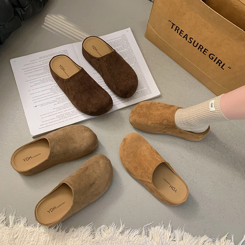 

2025 New Retro Solid Color Flat Bottom Women's Shoes Ladies Slides Fashion Suede Slippers Casual Cozy Female Slippers