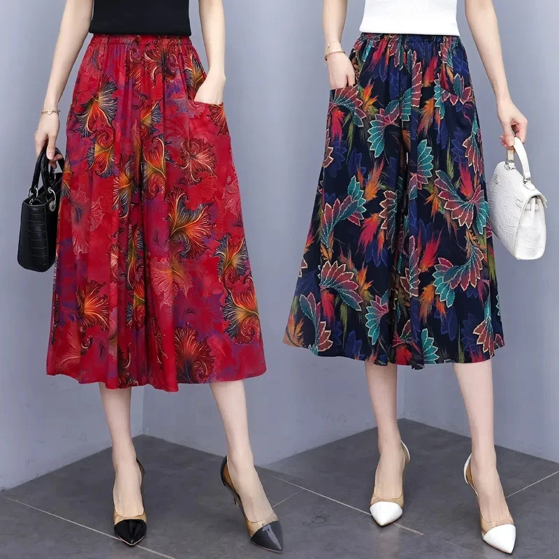 

Hot New Summer Wide Leg Pants Women Ethnic Style Elastic High Waist Print Pants Female Casual Summer Calf-Length Pants Skirts