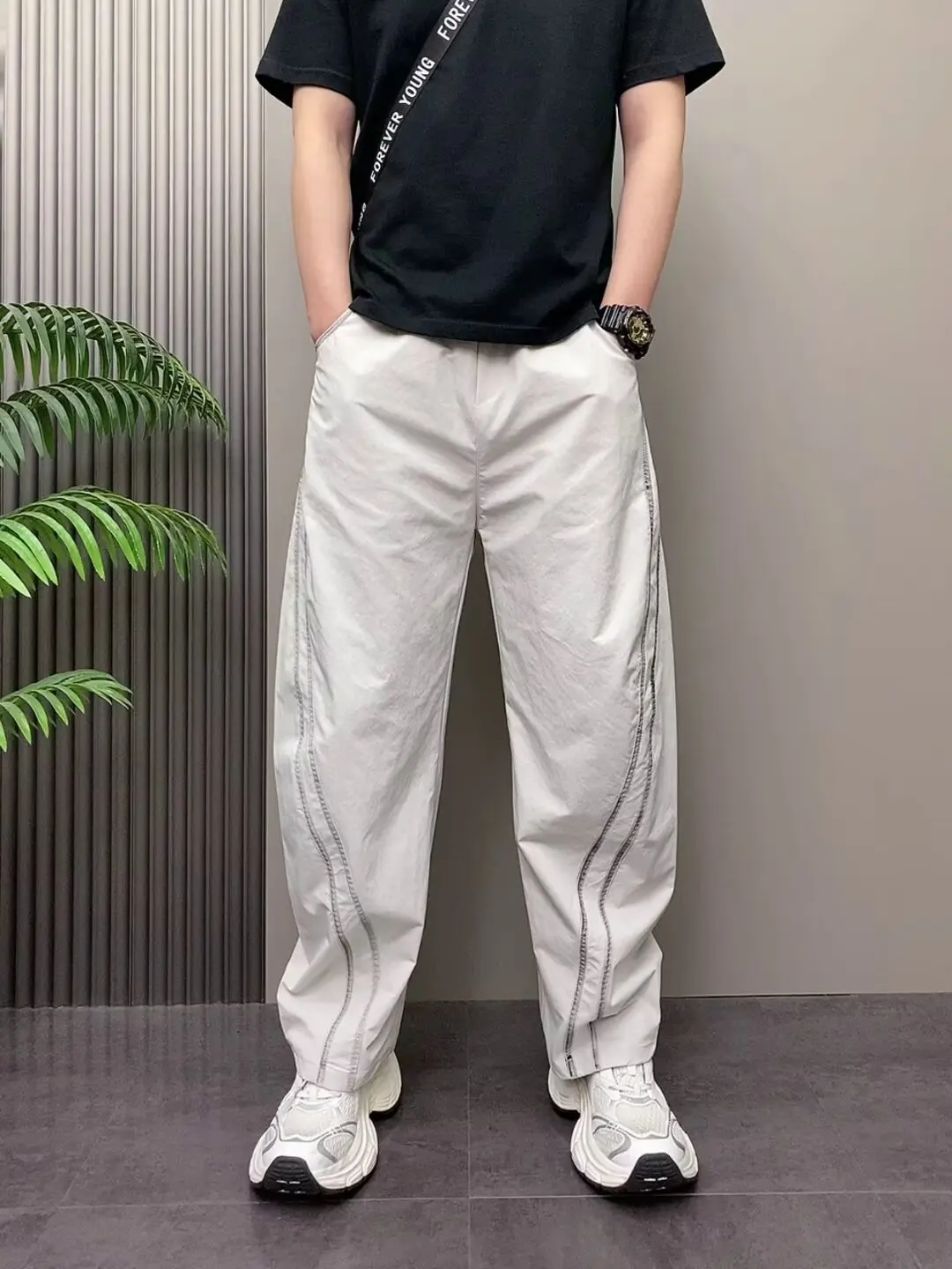 

Новые осенние и зимние полосатые шаровары в стиле Харадзюку со свободным кроем, модные уличные брюки и быстросохнущие повседневные брюки