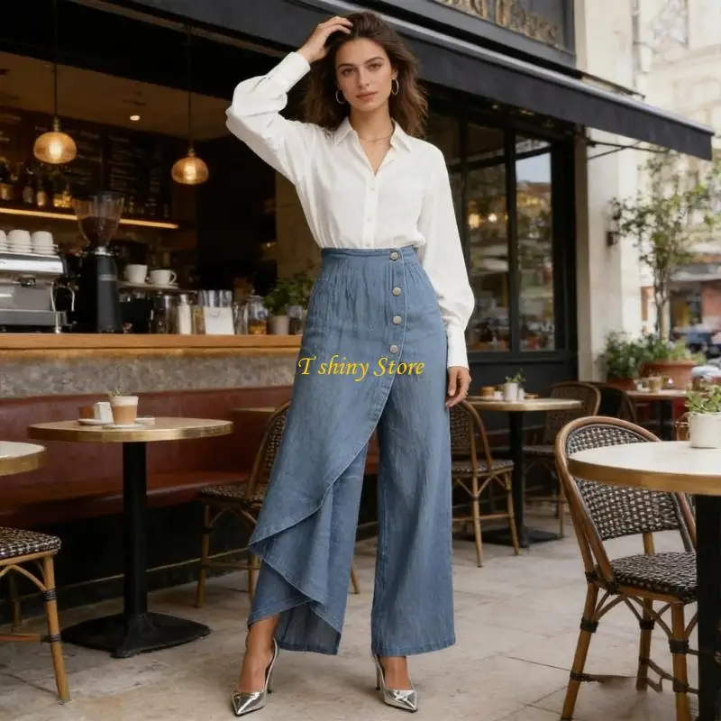 N58F Women's Wide Leg Ruffled Skirted Pants Asymmetrical Wrap Button Detail Trousers
