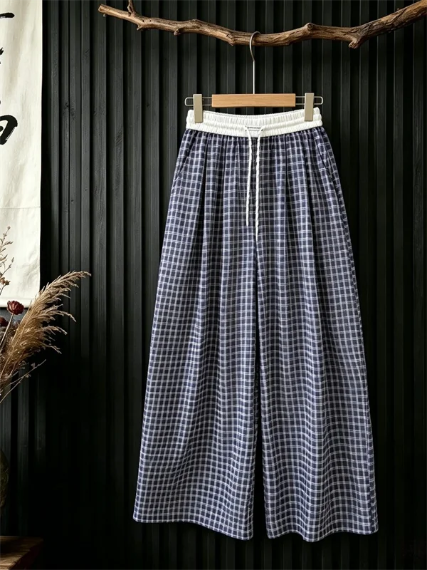 

plus Size Women's Summer Thin Wide Leg Pants High Waist Straight Leg Trousers Casual Large Grid Texture Floor-Length Pants