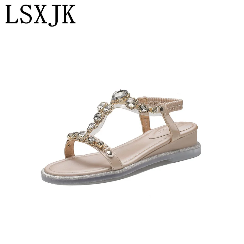 

LSXJK 2022 New Summer Sandals Fairy Wind Wedge Heel Rhinestone Net Red Beach Fashion Rome Flat Ins Women's Shoes