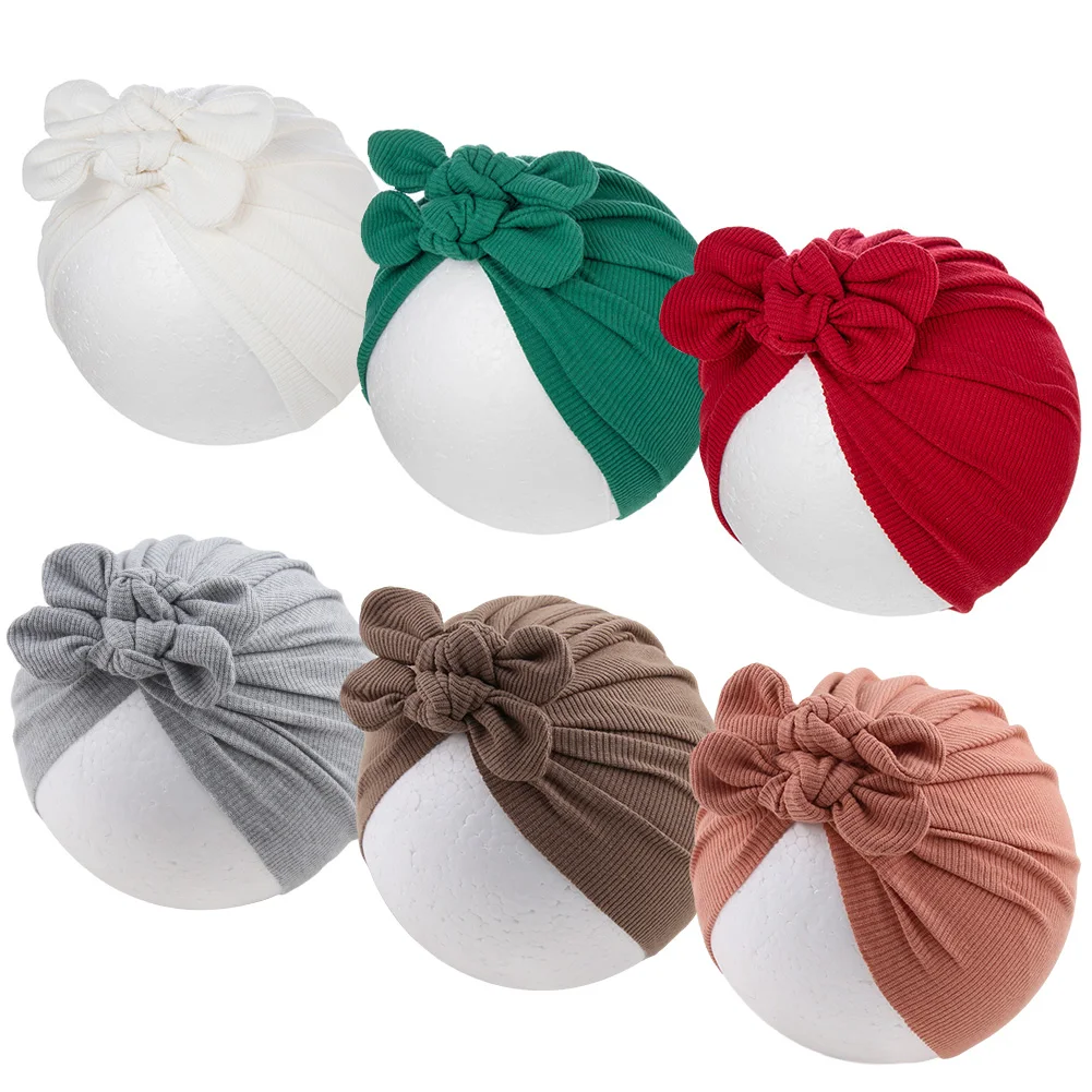 6Pcs/Lot Solid Ribbed Baby Turban Hats Cute Bear Ear Double Layers Beanies Bonnet Infant Boys Girls Caps Headwraps Kids Headwear