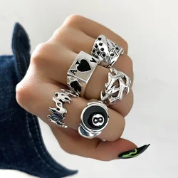 Vintage Gothic Heart Rings Set For Women Men Punk Playing Card Spades Geometric Hollow Butterfly Ring Retro Finger Ring Jewelry